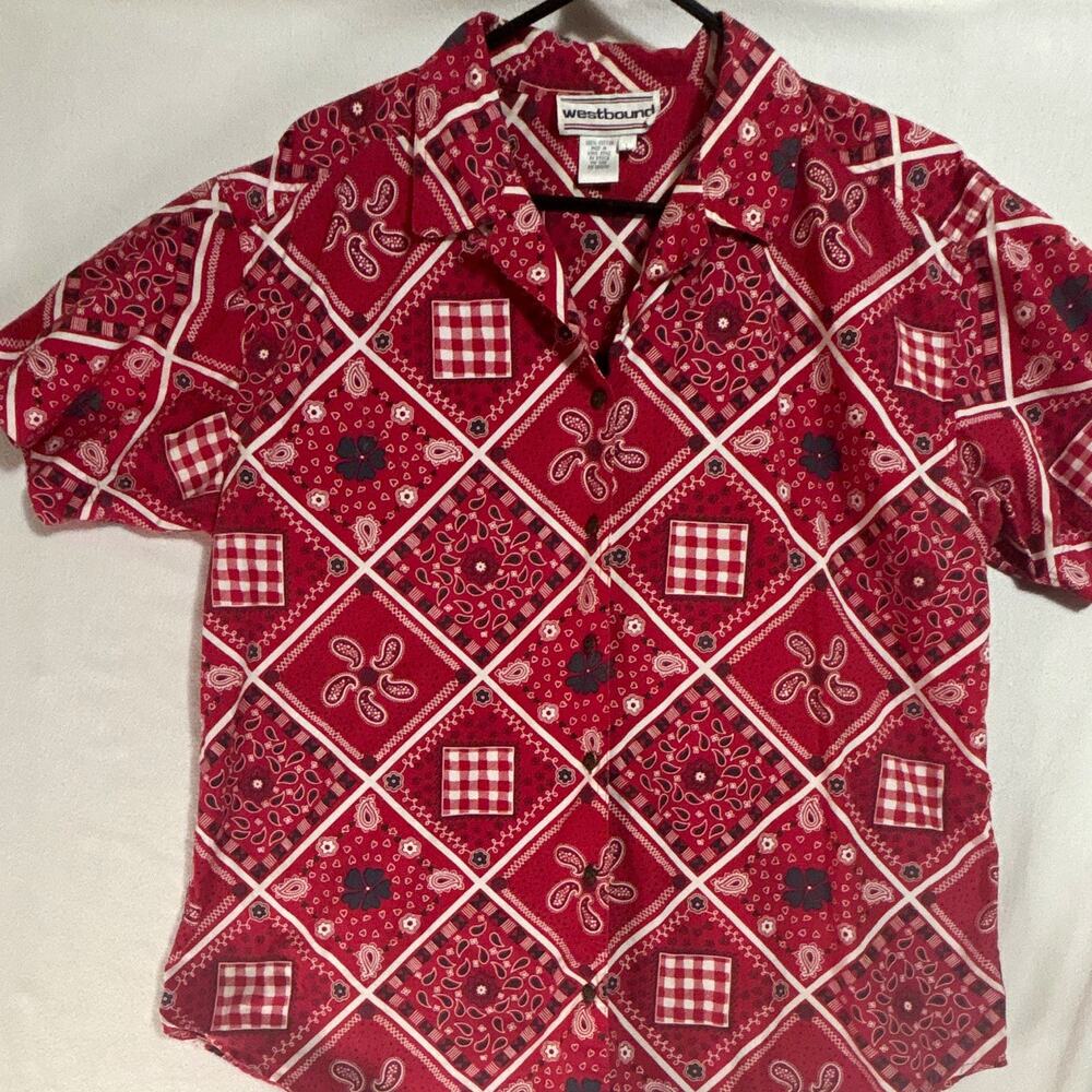 Westbound Women’s L Paisley Bandana Print Woven Cotton Short Sleeve Button-Up